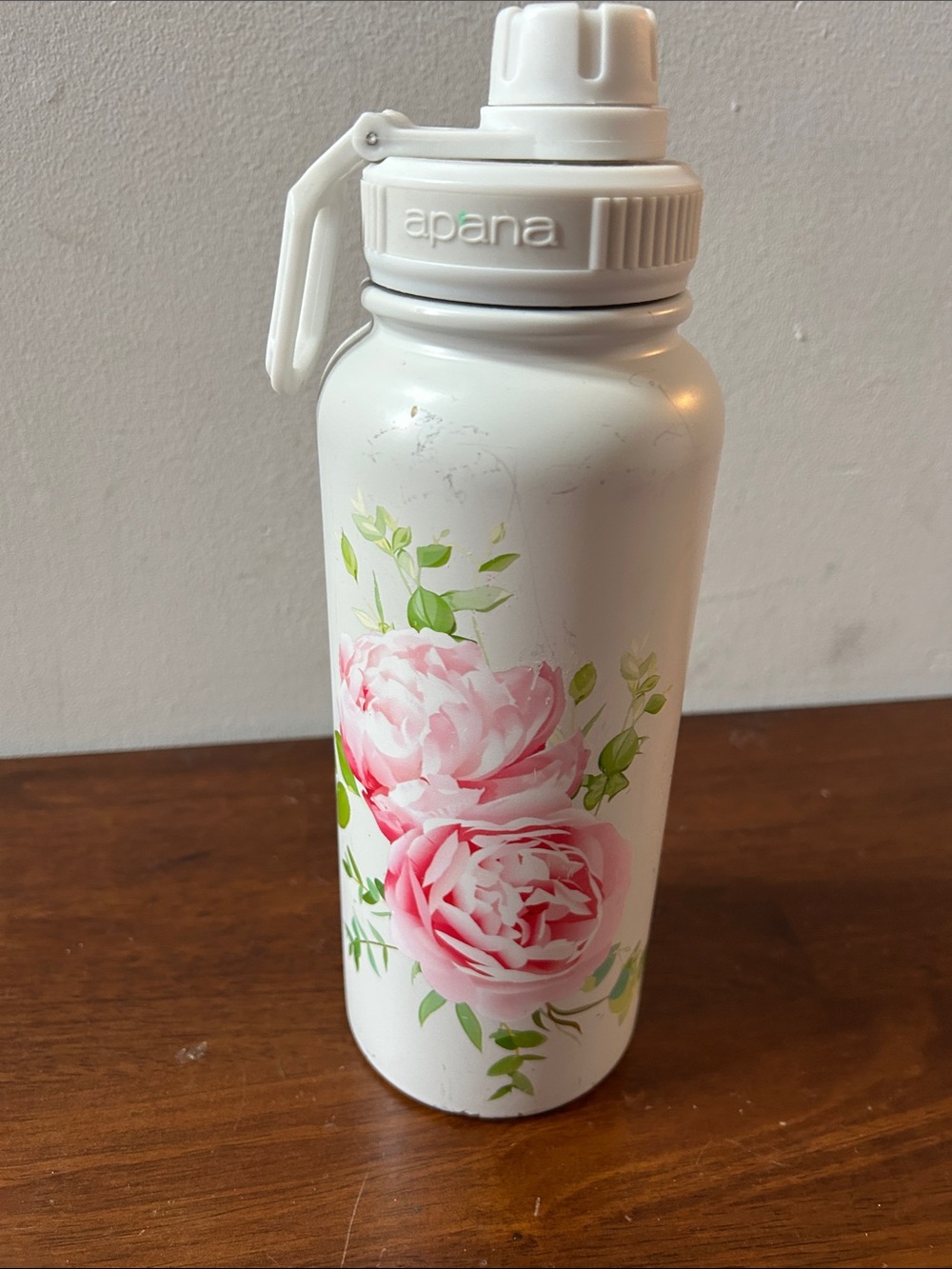 Apana White Stainless 30oz Water Bottle with Pink Rose Floral Print